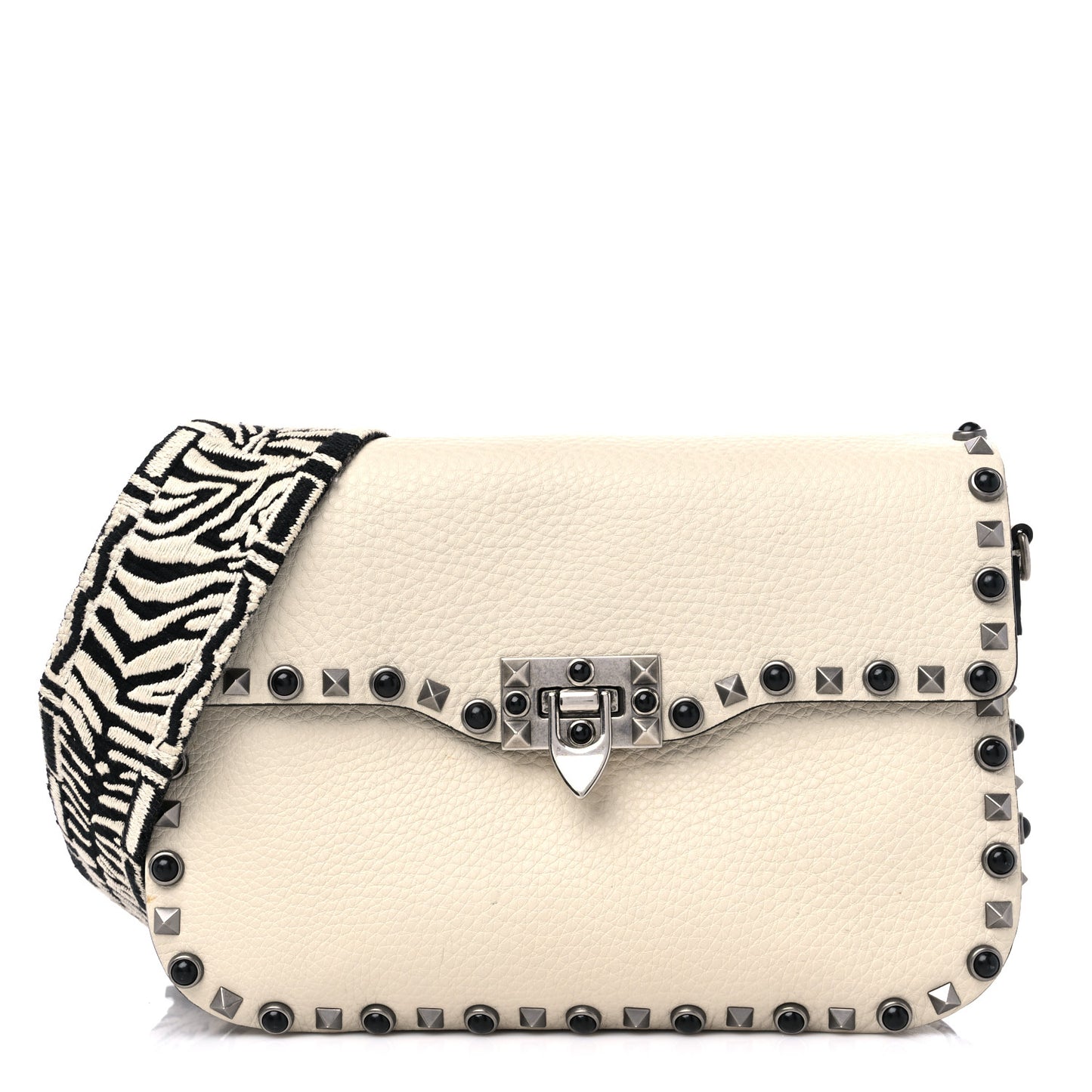 Pebbled Calfskin Onyx Medium Guitar Strap Rockstud Rolling Flap Saddle Bag Ivory