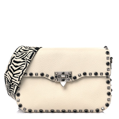 Valentino Garavani Pebbled Calfskin Onyx Medium Guitar Strap Rockstud Rolling Flap Saddle Bag Ivory 1 of 13