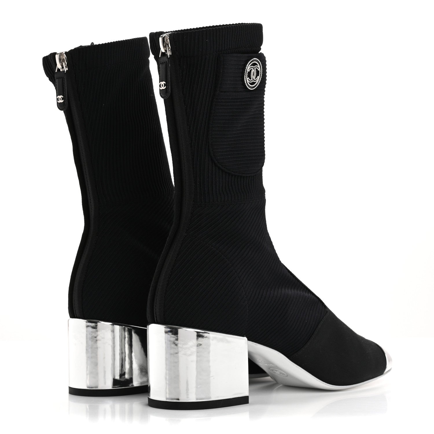Chanel Grosgrain Knit Cap Toe CC Sock Boots 39 Black Silver 5 of 10