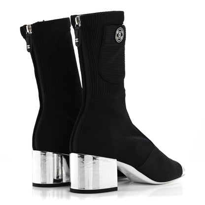 Chanel Grosgrain Knit Cap Toe CC Sock Boots 39 Black Silver 5 of 10