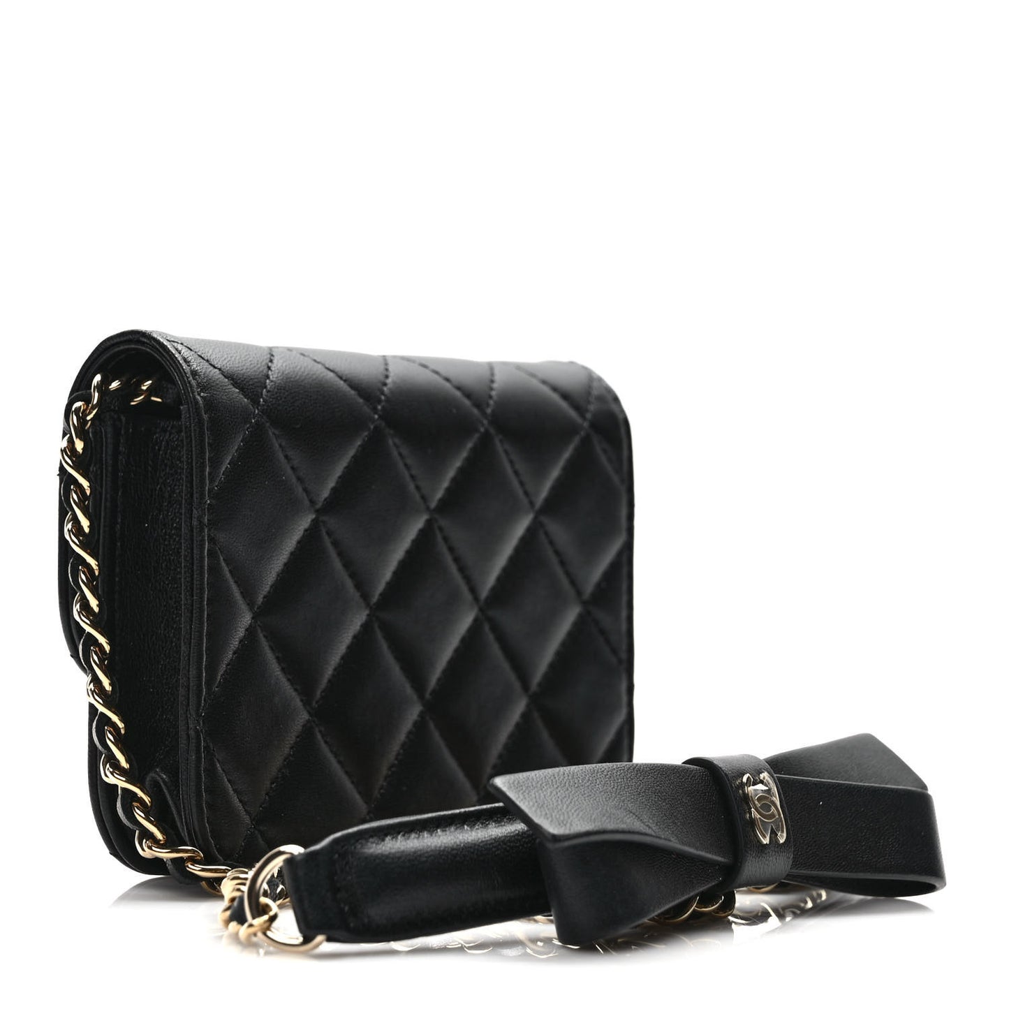Lambskin Quilted Mini Coco Bow Clutch With Chain Black