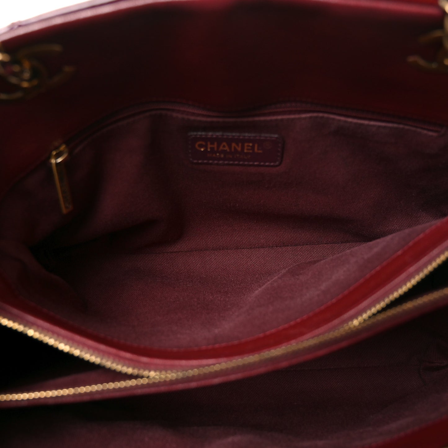 Patent Goatskin Quilted Small CC Eyelet Tote Burgundy