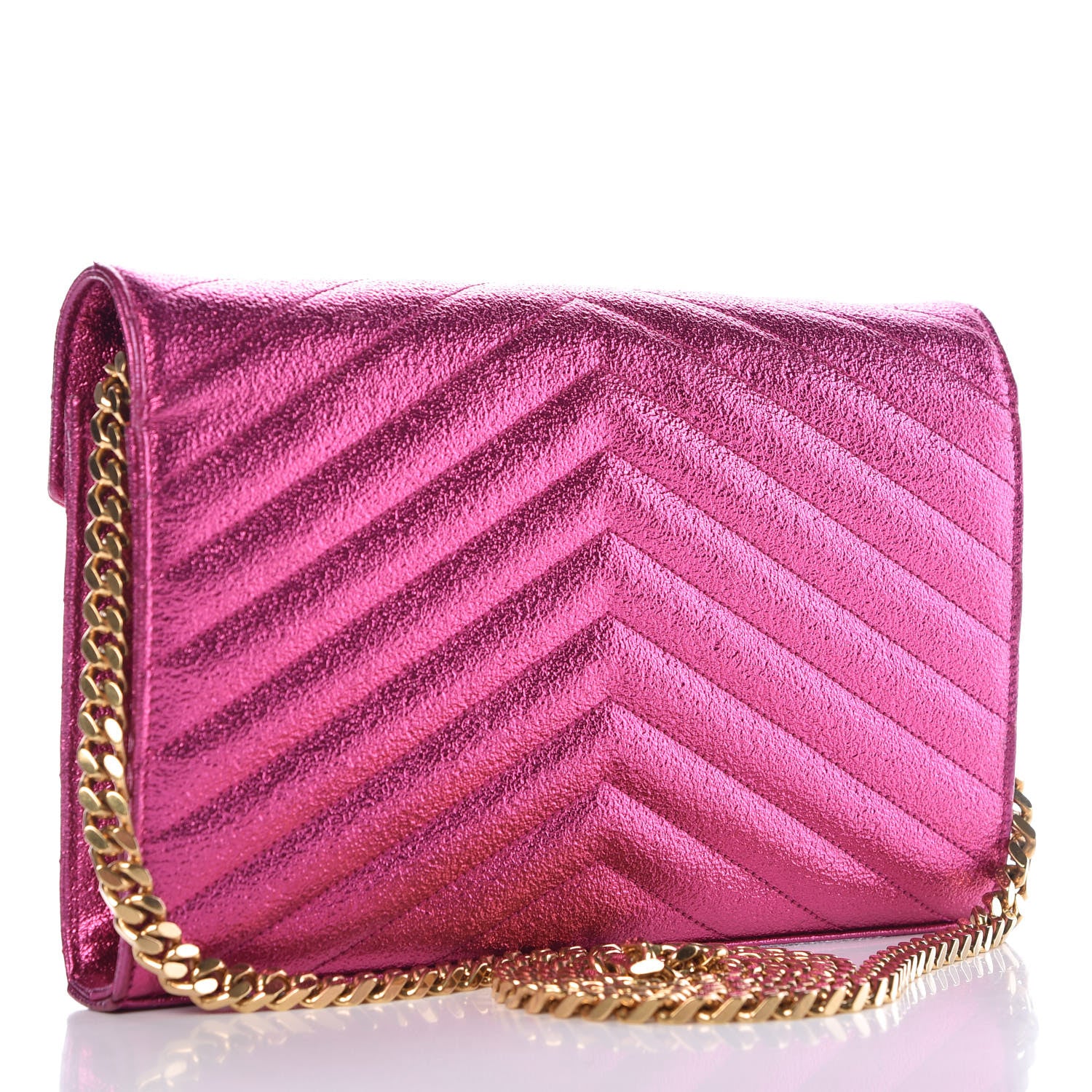 Saint Laurent Metallic Crackled Calfskin Matelasse Chevron Monogram Chain Wallet Fuchsia 3 of 11
