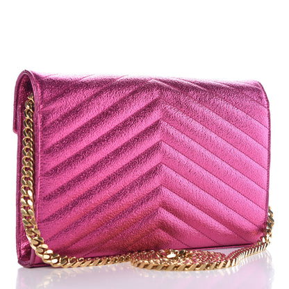 Saint Laurent Metallic Crackled Calfskin Matelasse Chevron Monogram Chain Wallet Fuchsia 3 of 11