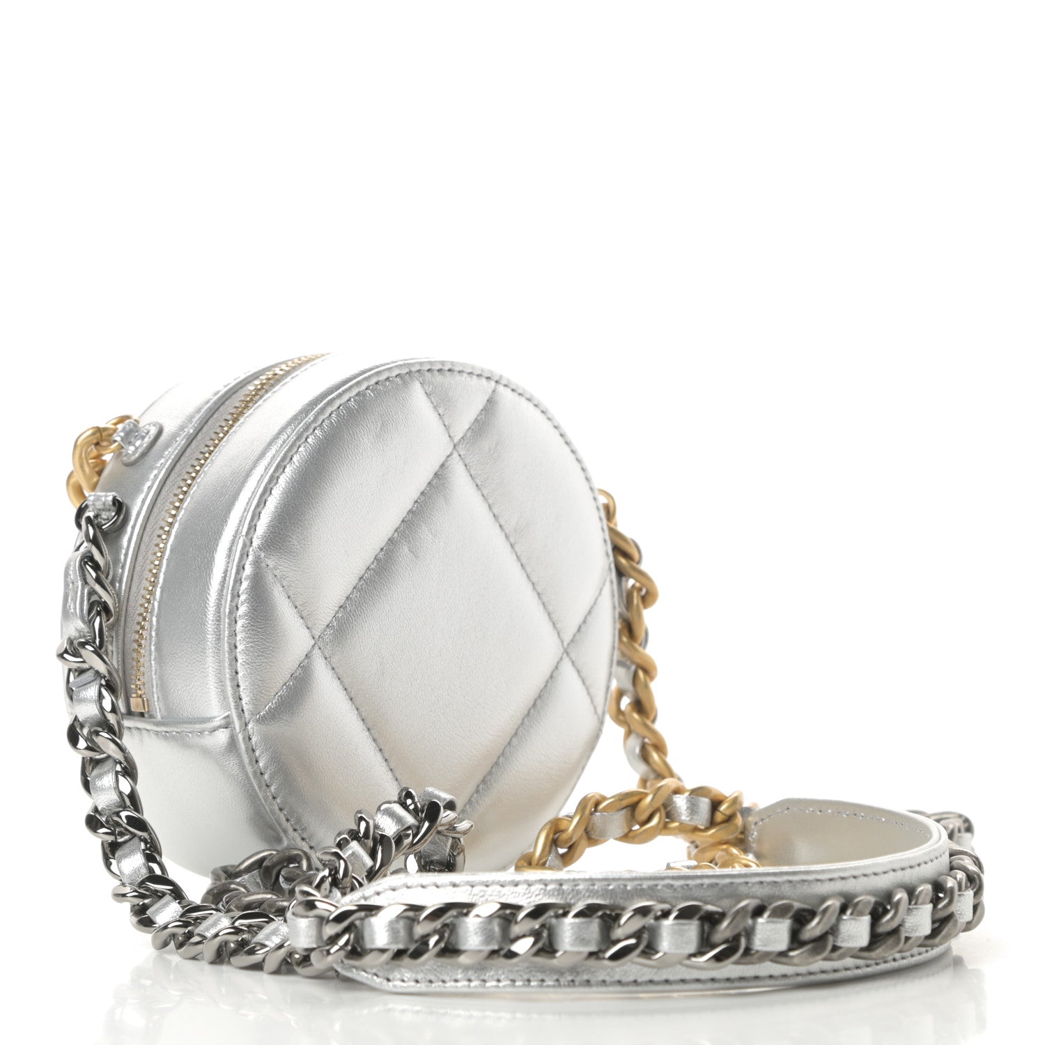 Chanel Metallic Lambskin Quilted Chanel 19 Round Clutch With Chain Silver 3 of 11