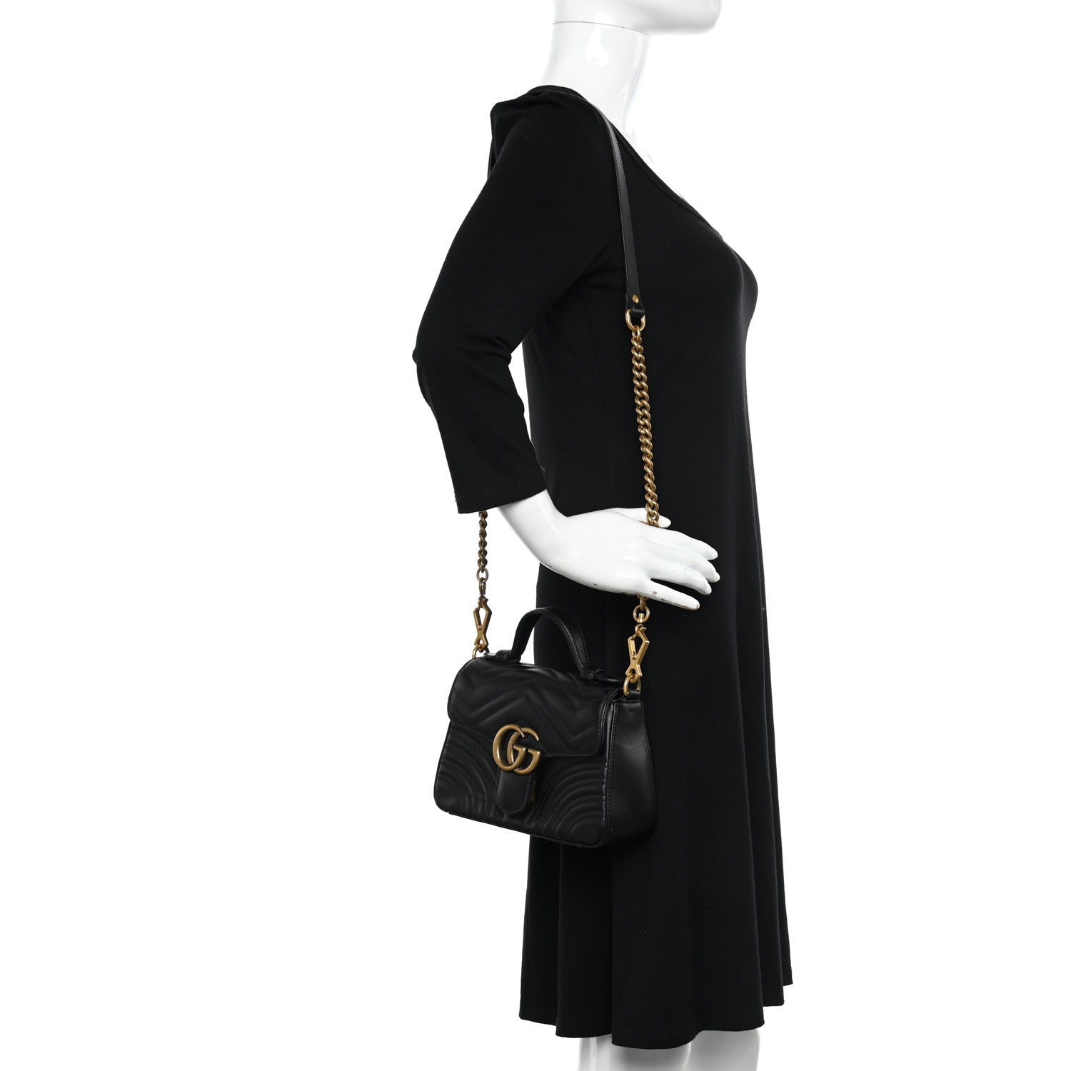Gucci Calfskin Matelasse Mini GG Marmont Top Handle Shoulder Bag Black 3 of 10