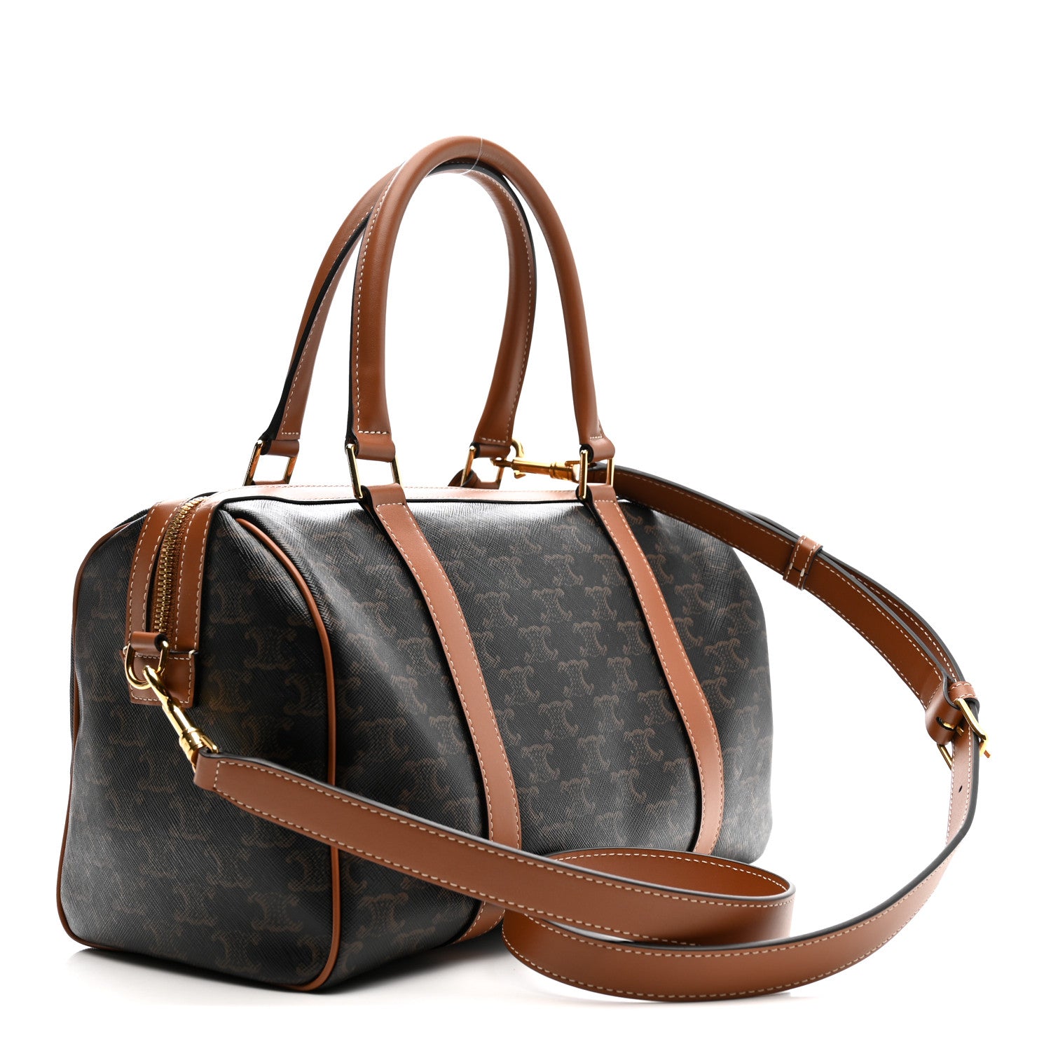 Celine Triomphe Canvas Calfskin Large Boston Bag Tan 3 of 10