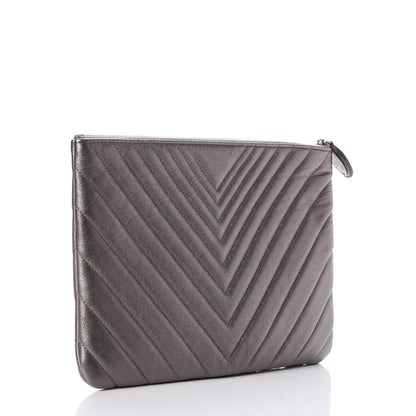 Chanel Metallic Calfskin Chevron Quilted Medium Cosmetic Case Dark Silver 3 of 8
