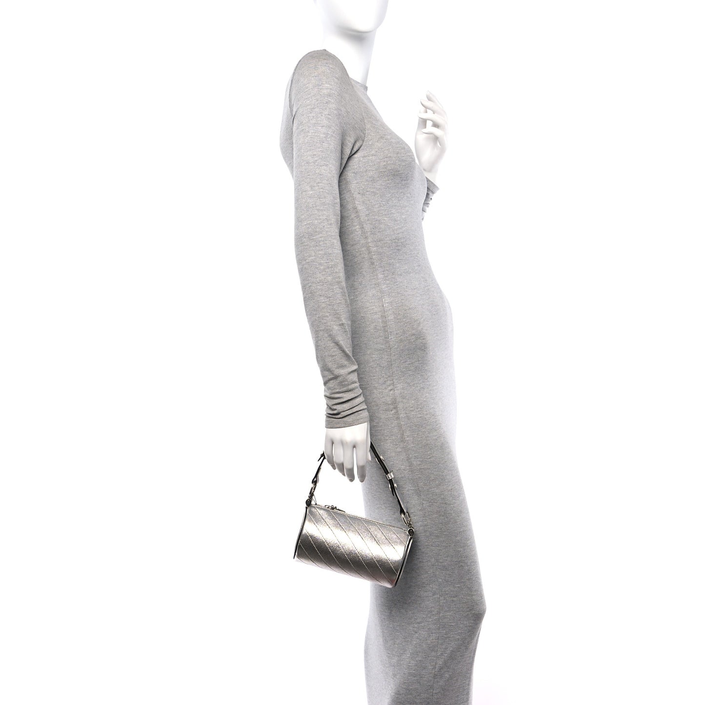 Sakai Be Green Calfskin Diagonal Stitched Mini Blondie Barrel Shoulder Bag Silver