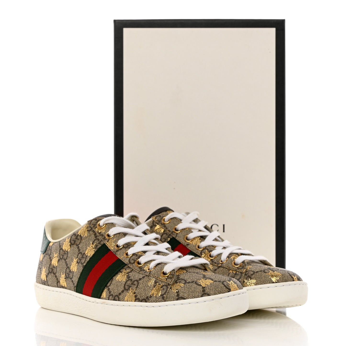 GG Supreme Monogram Bees Ayers Web Womens Ace Sneakers 37.5 Beige Oro Green Red