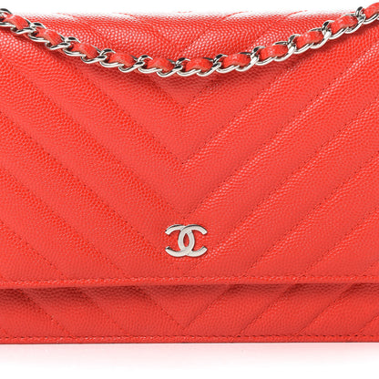 Chanel Caviar Chevron Quilted Wallet On Chain WOC Red 9 of 14