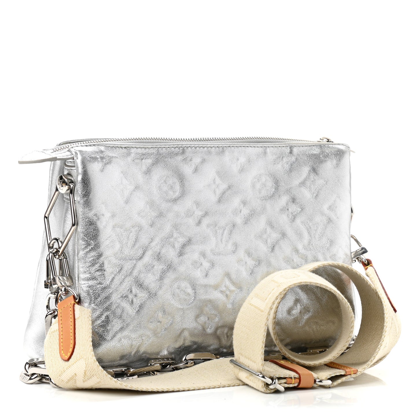 Metallic Lambskin Embossed Monogram Coussin PM Silver