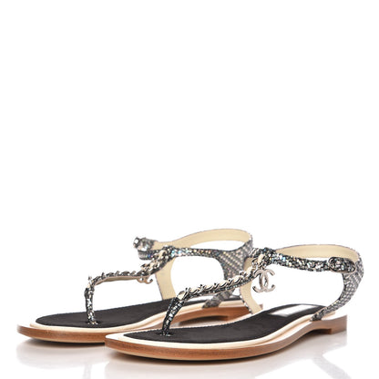 Chanel Fantasy Goatskin Suede CC Chain Thong Sandals 39 Silver Ivory 3 of 8