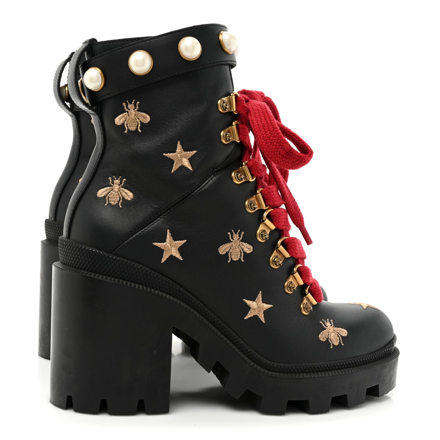 Calfskin Embroidered Lace Up Combat Ankle Boots 35.5 Black
