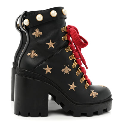 Gucci Calfskin Embroidered Lace Up Combat Ankle Boots 35.5 Black 4 of 9