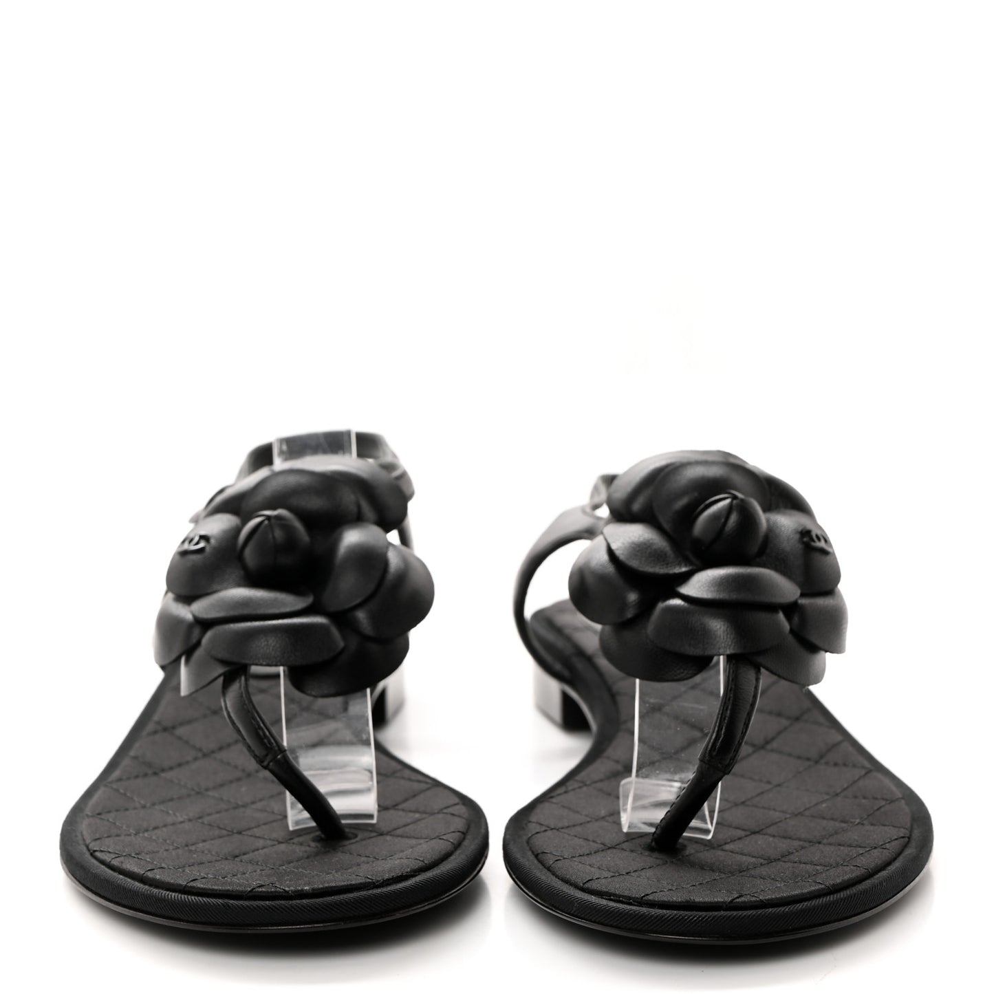 Lambskin Camellia Thong Sandals 36 Black