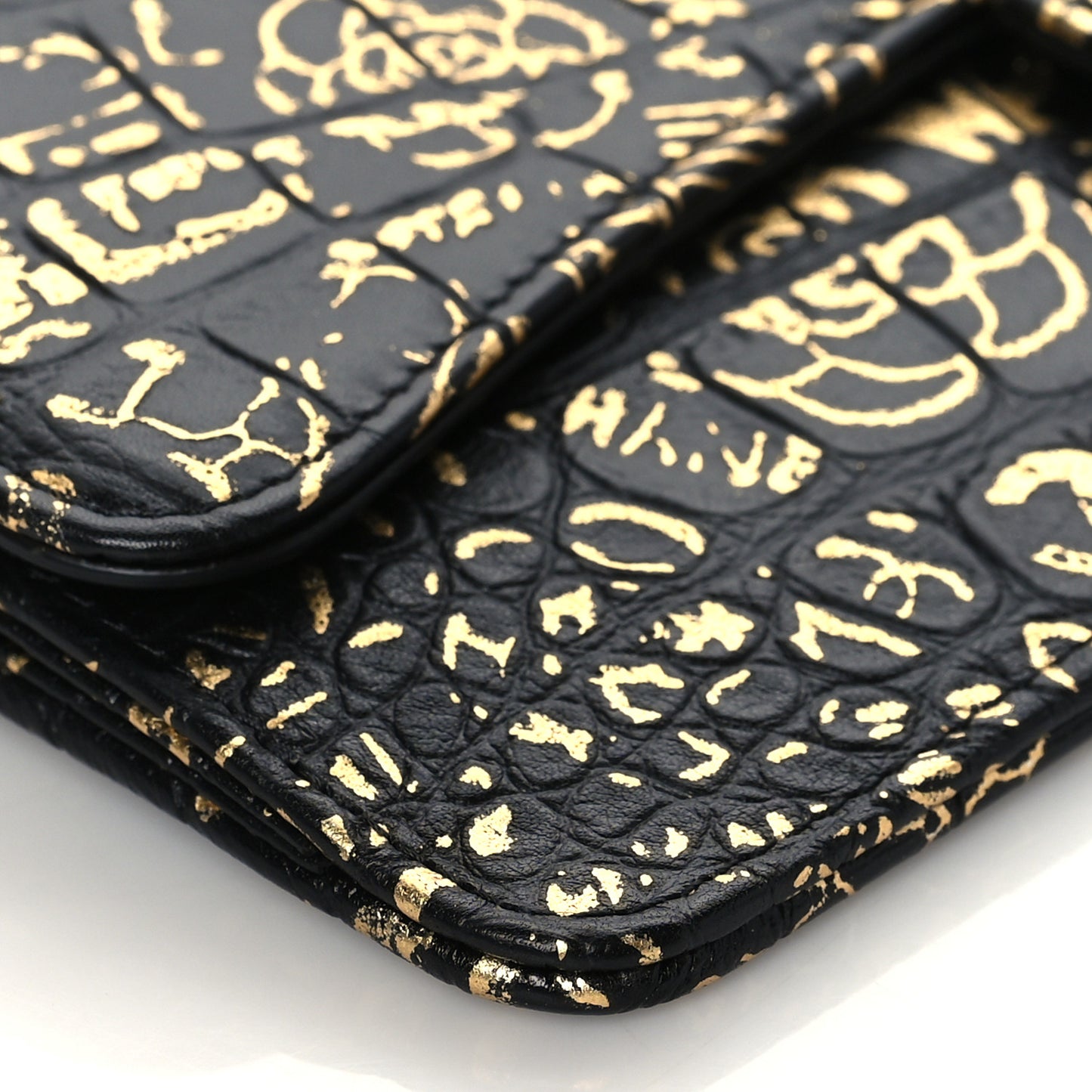 Calfskin Crocodile Embossed Egyptian Graffiti Pouch With Chain Handle Black Gold