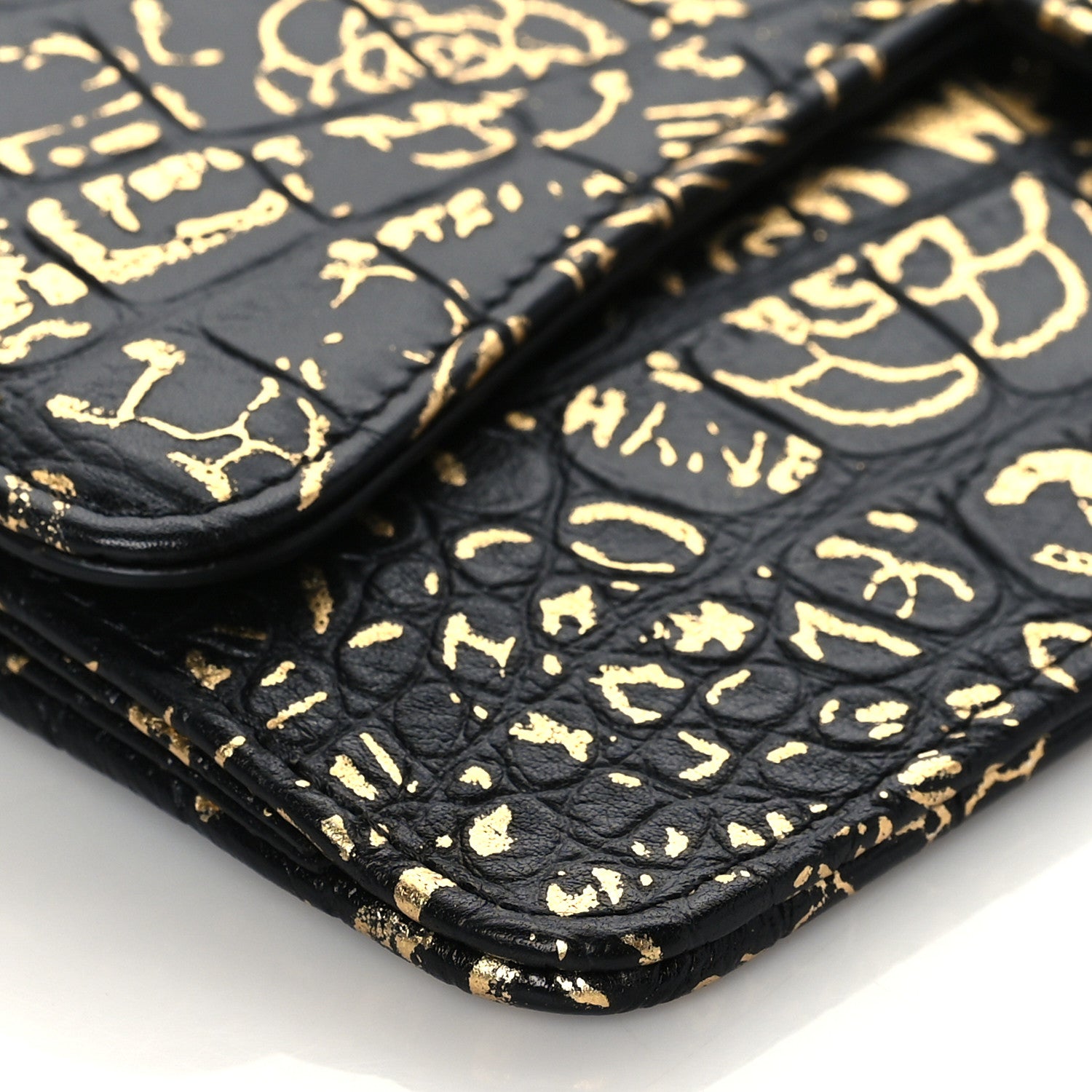 Chanel Calfskin Crocodile Embossed Egyptian Graffiti Pouch With Chain Handle Black Gold 8 of 10