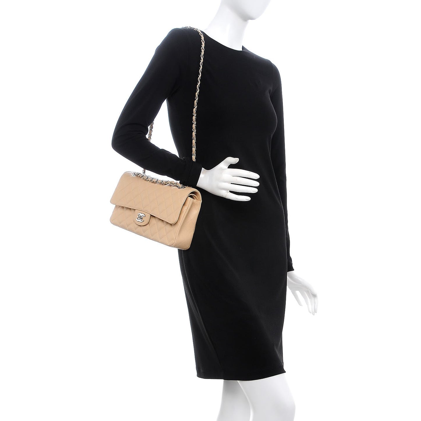 Caviar Quilted Medium Double Flap Beige Clair