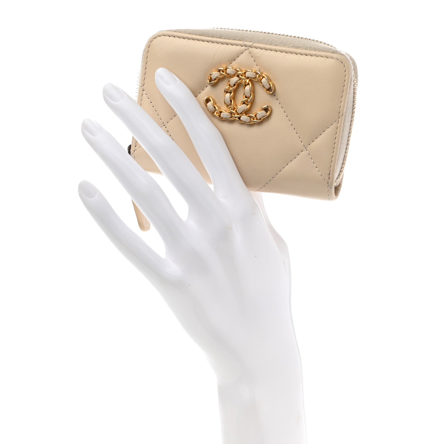 Chanel Lambskin Quilted 19 Zip Around Coin Purse Wallet Beige 2 of 9