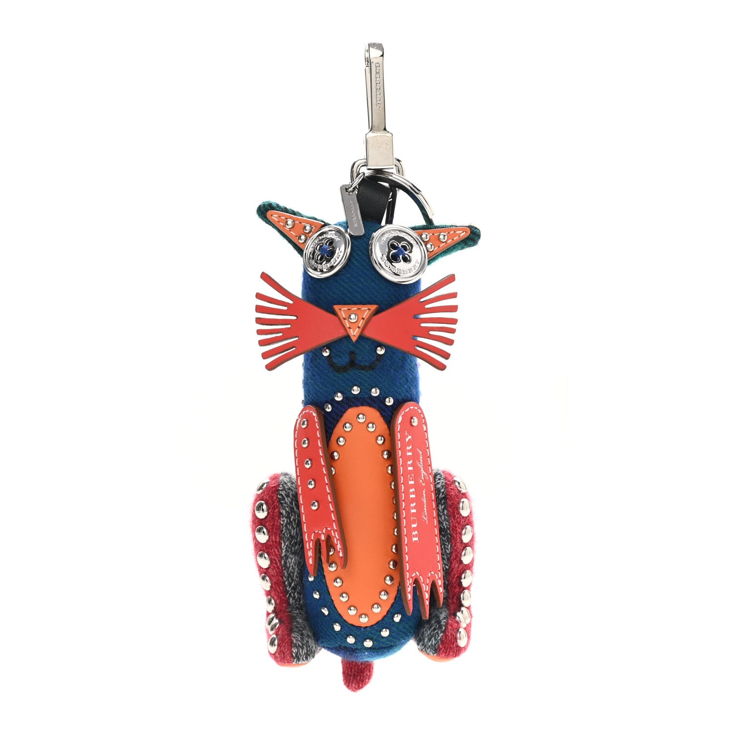 Burberry Calfskin Wool Cashmere Studded Cat Bag Charm Navy Multicolor 1 of 4