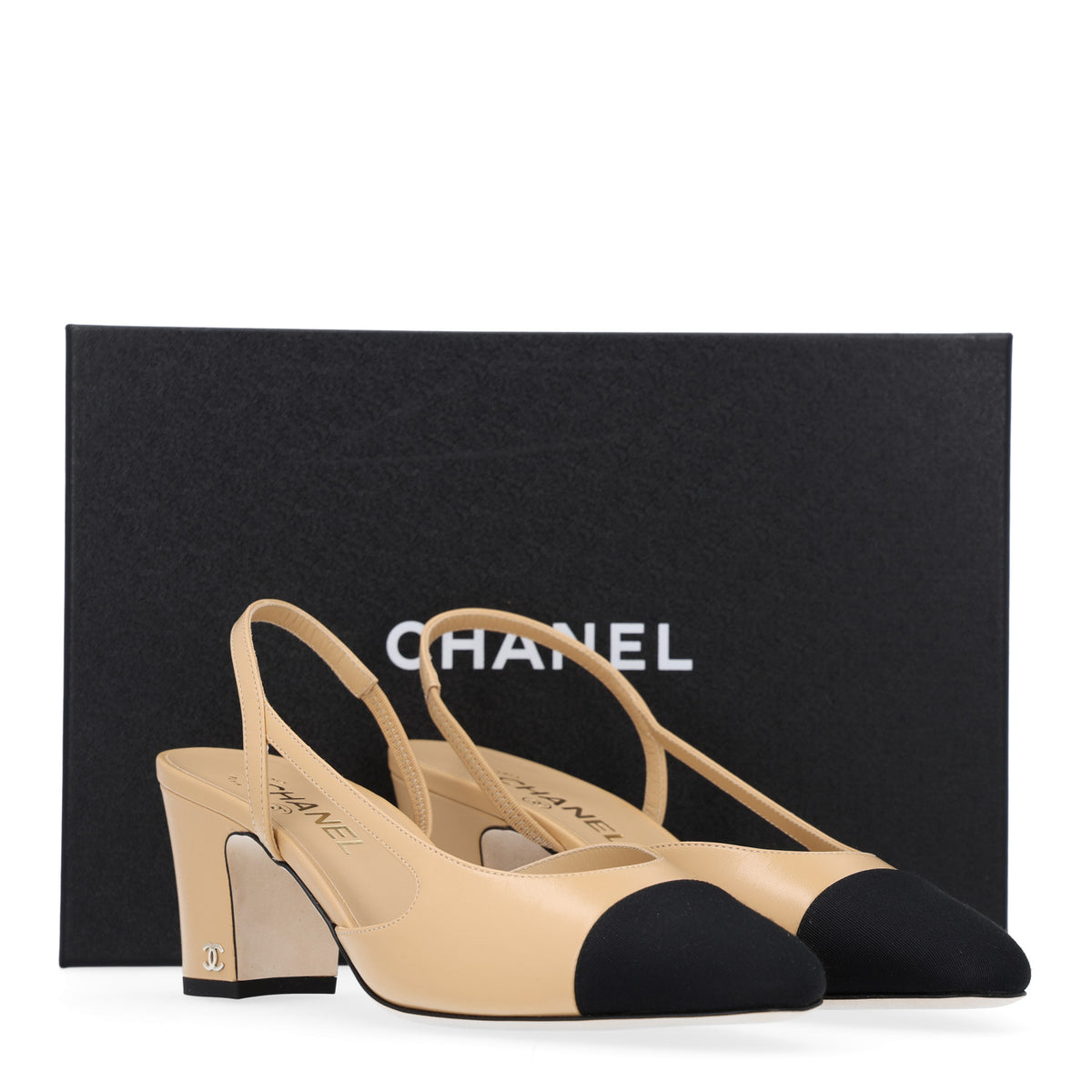 Goatskin Grosgrain Cap Toe CC Slingback Pumps 40 Beige Black