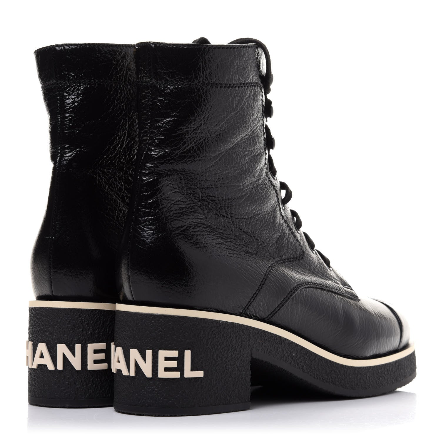 Chanel Shiny Crumpled Lambskin Lace Up Combat Boots 40 Black 4 of 11