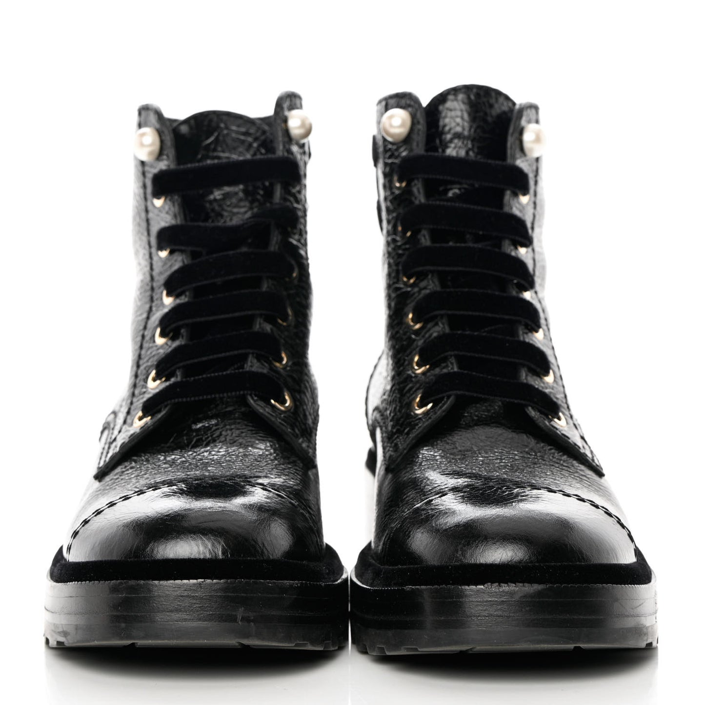 Shiny Calfskin Velvet Pearl Combat Short Boots 39 Black