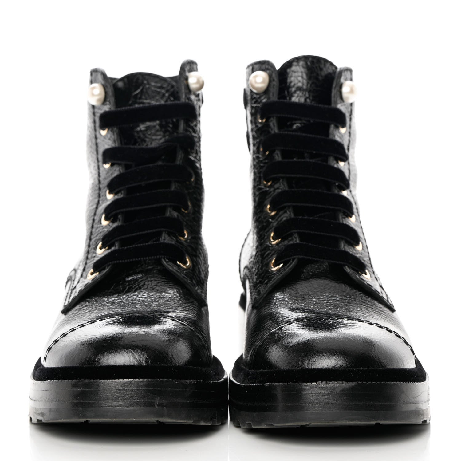 Chanel Shiny Calfskin Velvet Pearl Combat Short Boots 39 Black 2 of 8
