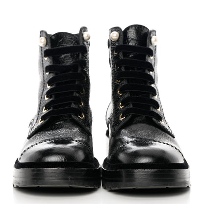 Chanel Shiny Calfskin Velvet Pearl Combat Short Boots 39 Black 2 of 8