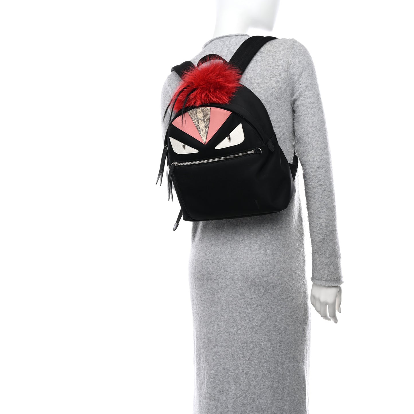 Nylon Vitello Dolce Elaphe Fox Fur Monster Eyes Backpack Black Natural Bordeaux Multicolor
