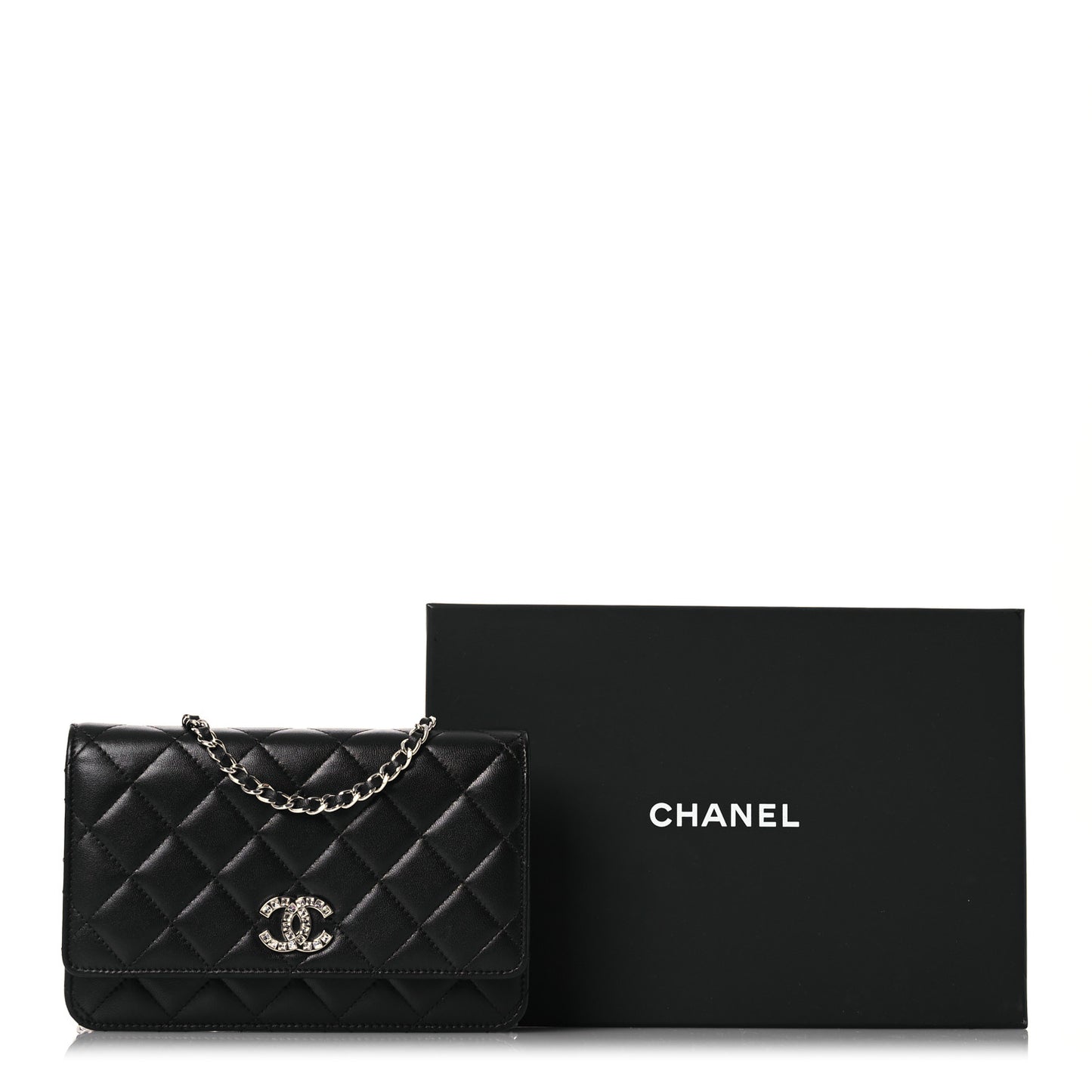 Lambskin Quilted Crystal CC Wallet On Chain WOC Black