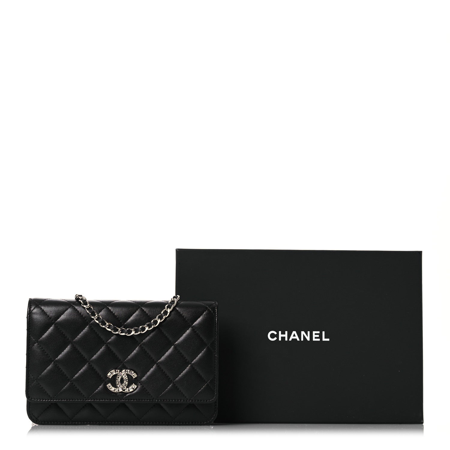 Chanel Lambskin Quilted Crystal CC Wallet On Chain WOC Black 15 of 15