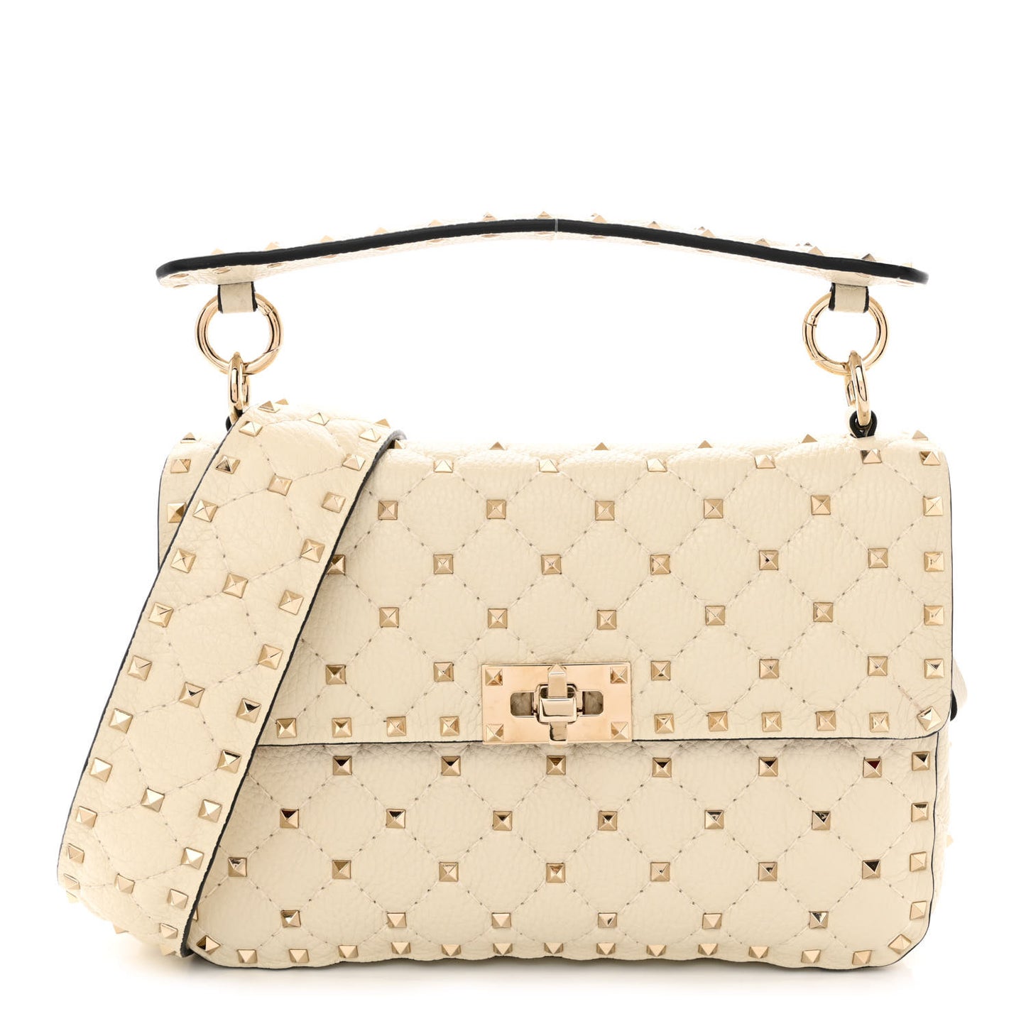 Grained Calfskin Medium Rockstud Spike Shoulder Bag Light Ivory