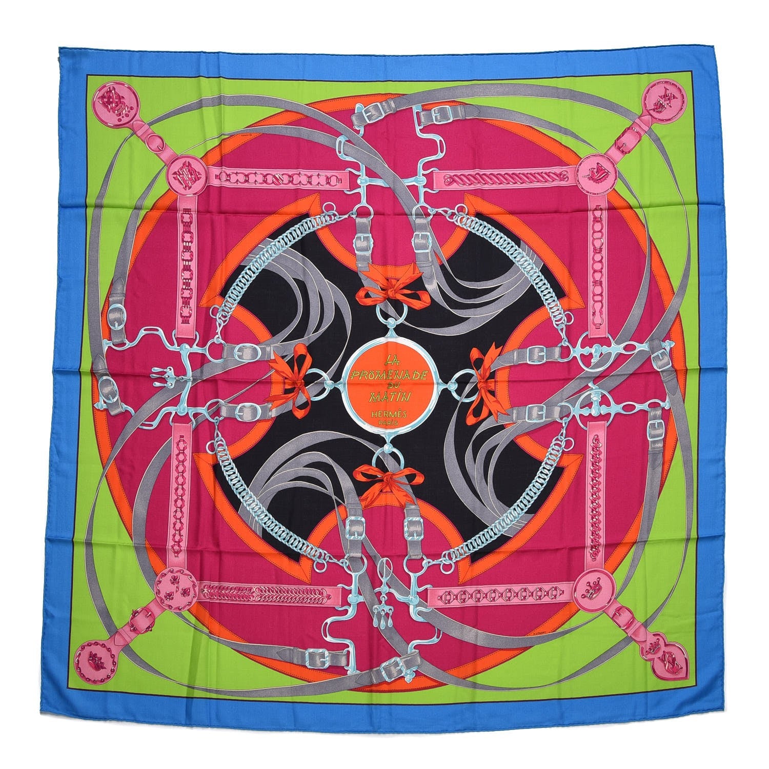Hermes Cashmere Silk La Promenade Du Matin Shawl 140 Bleu Azur Vert Fluo Fuchsia 1 of 7