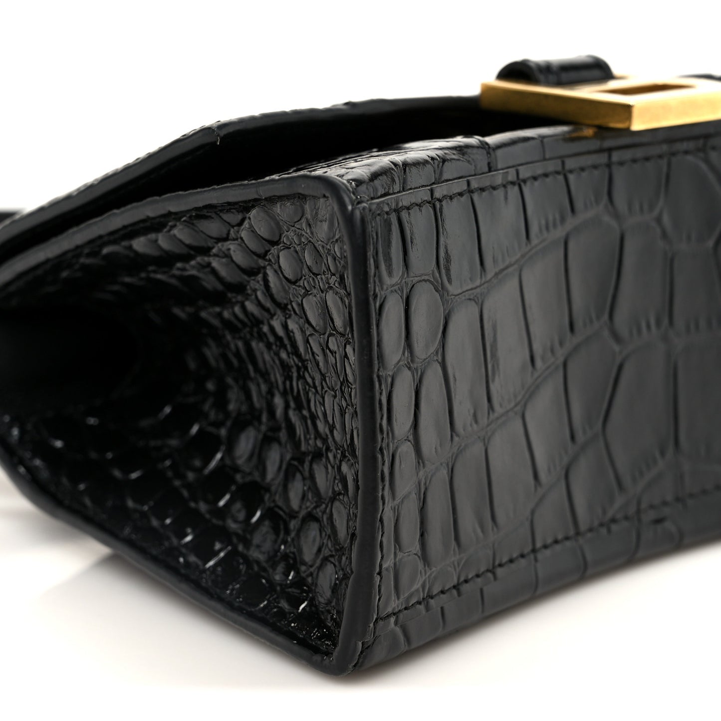 Shiny Calfskin Crocodile Embossed Hourglass Top Handle Bag XS Black