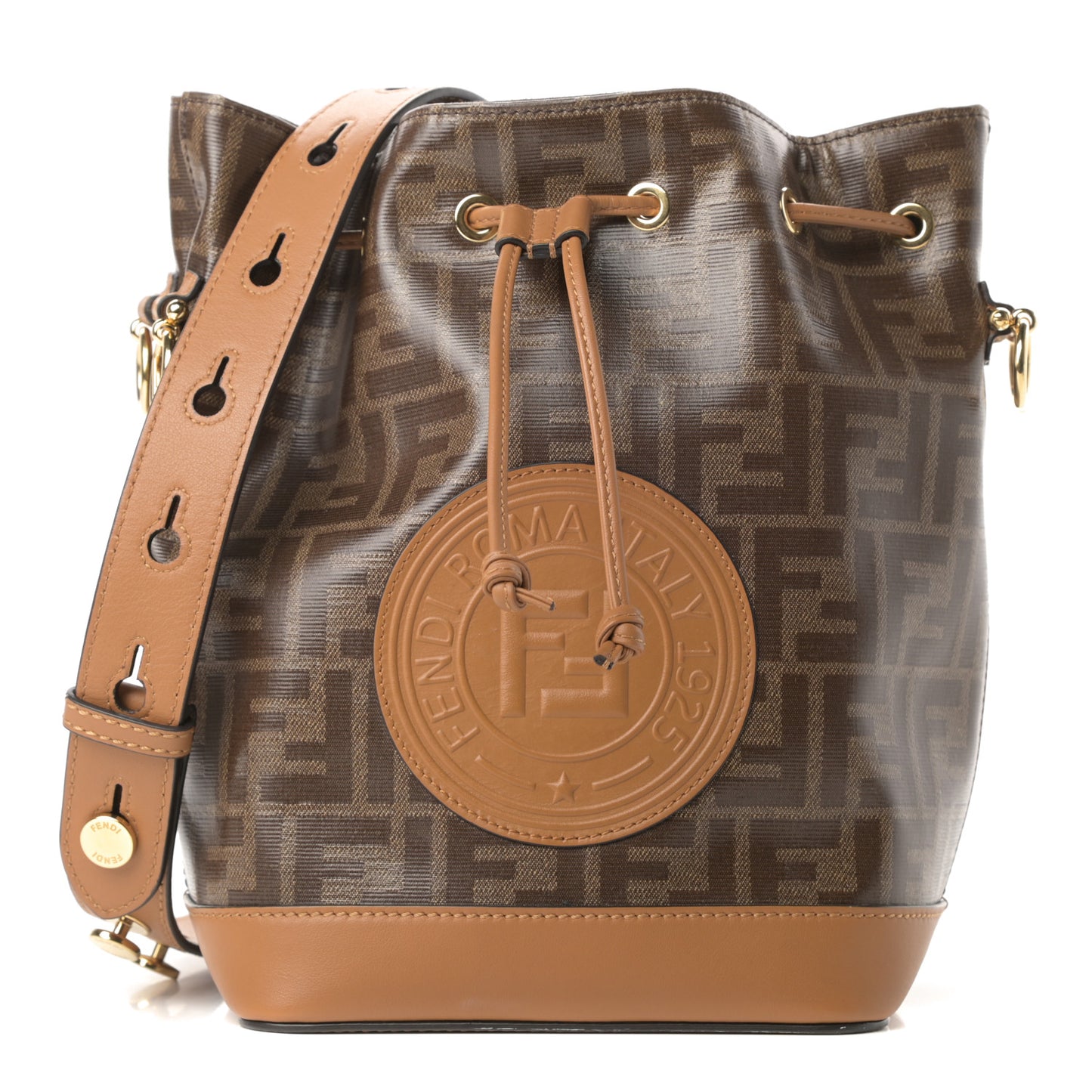Glazed Fabric Vitello Grace F is Fendi FF 1974 Stamp Patch Grande Mon Tresor Bucket Bag Mogano Panna Nocciola