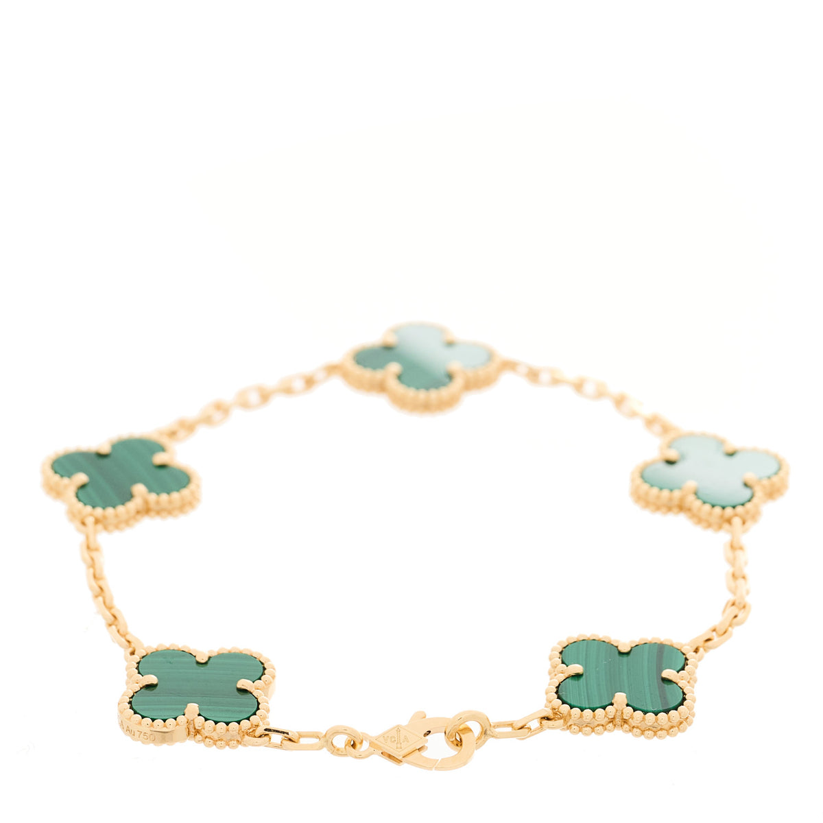 Van Cleef & Arpels 18K Yellow Gold Malachite 5 Motifs Vintage Alhambra Bracelet 2 of 5