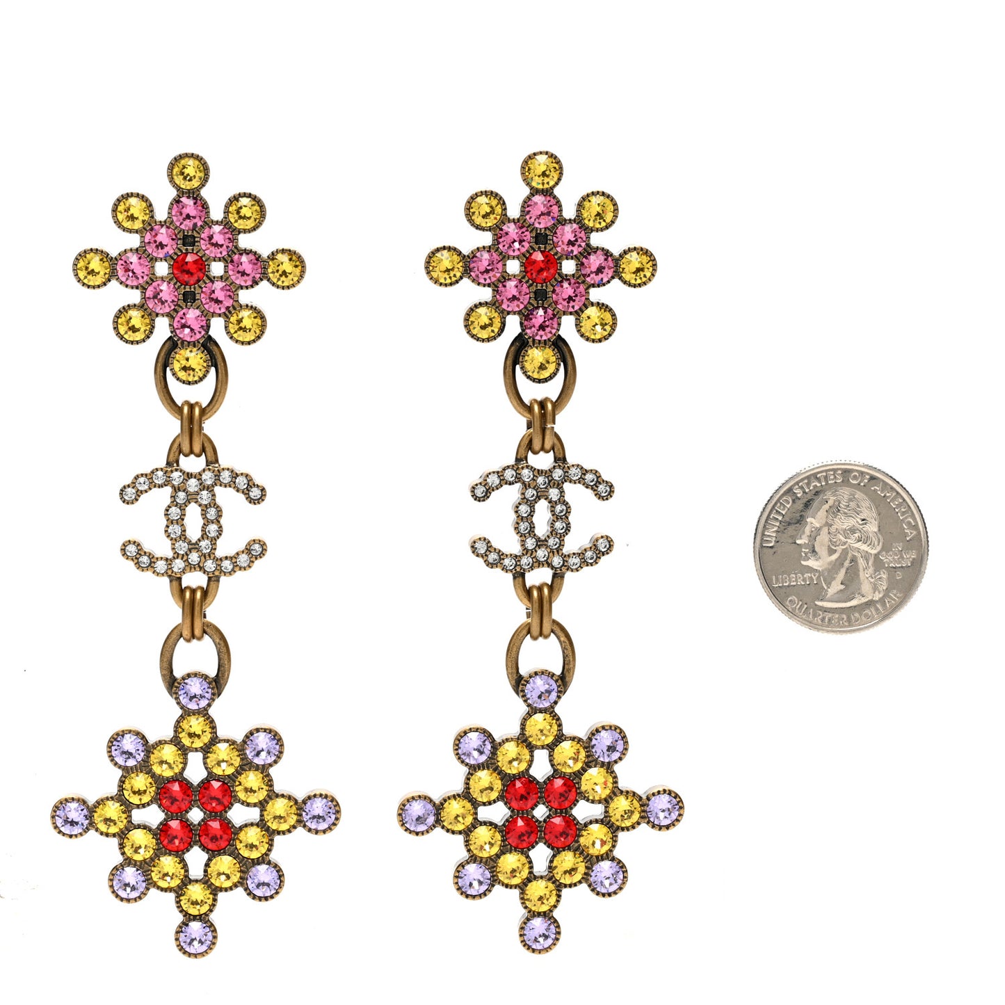 Crystal Strass CC City of Lights Cluster Dangle Earrings Gold Multicolor