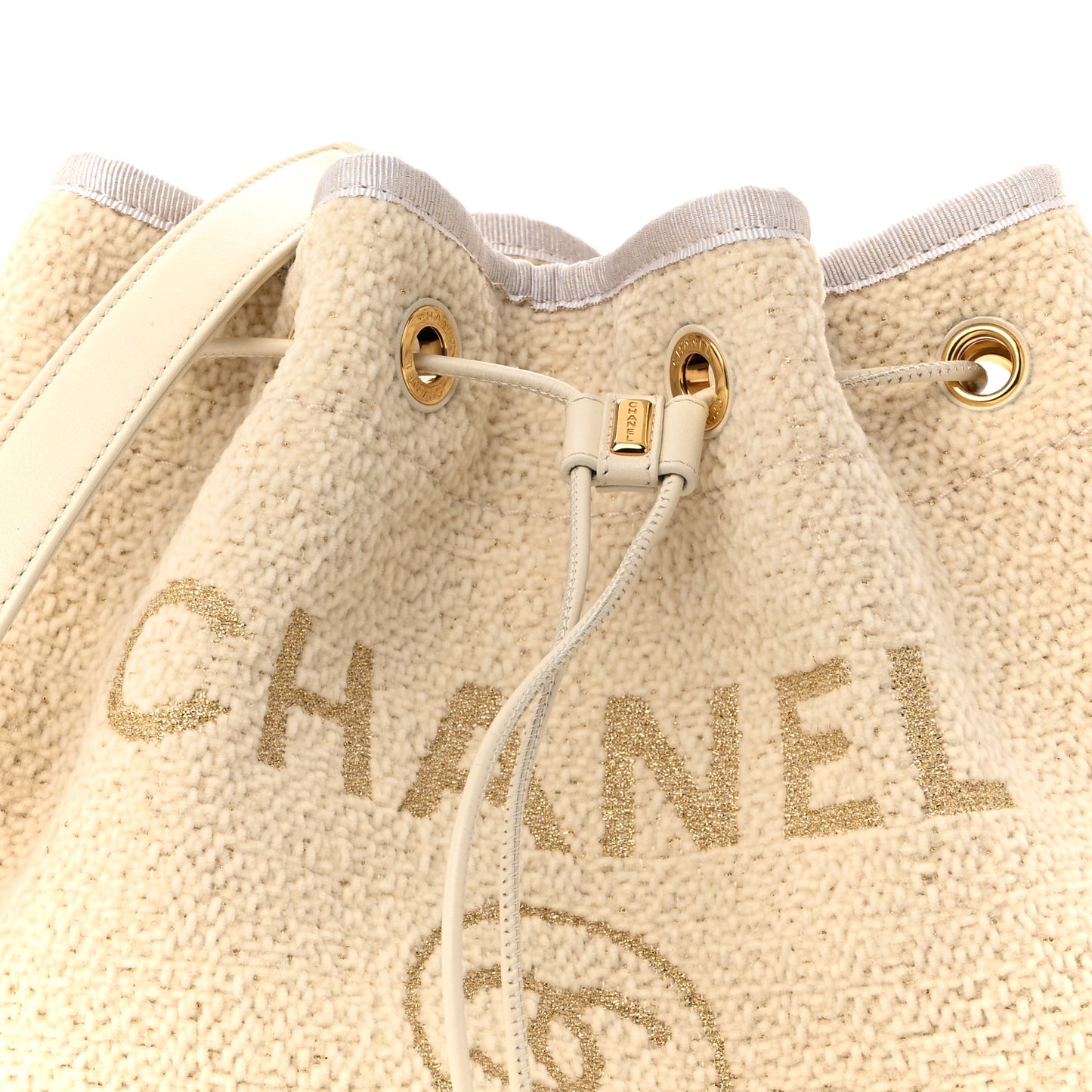 Lurex Boucle Deauville Drawstring Bucket Bag Ivory