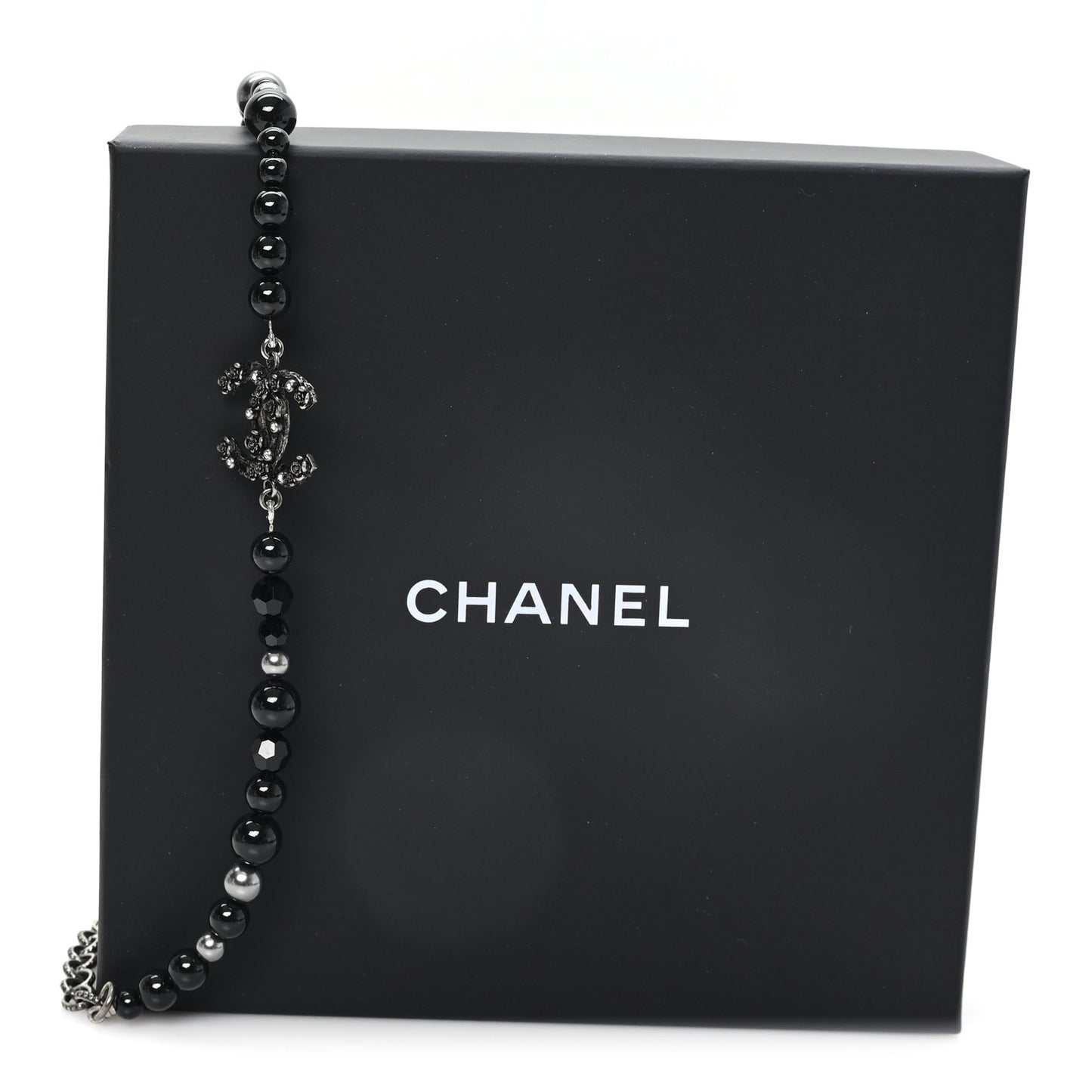 Pearl Beaded Crystal CC Camellia Short Necklace  Ruthenium Black Pearly Grey