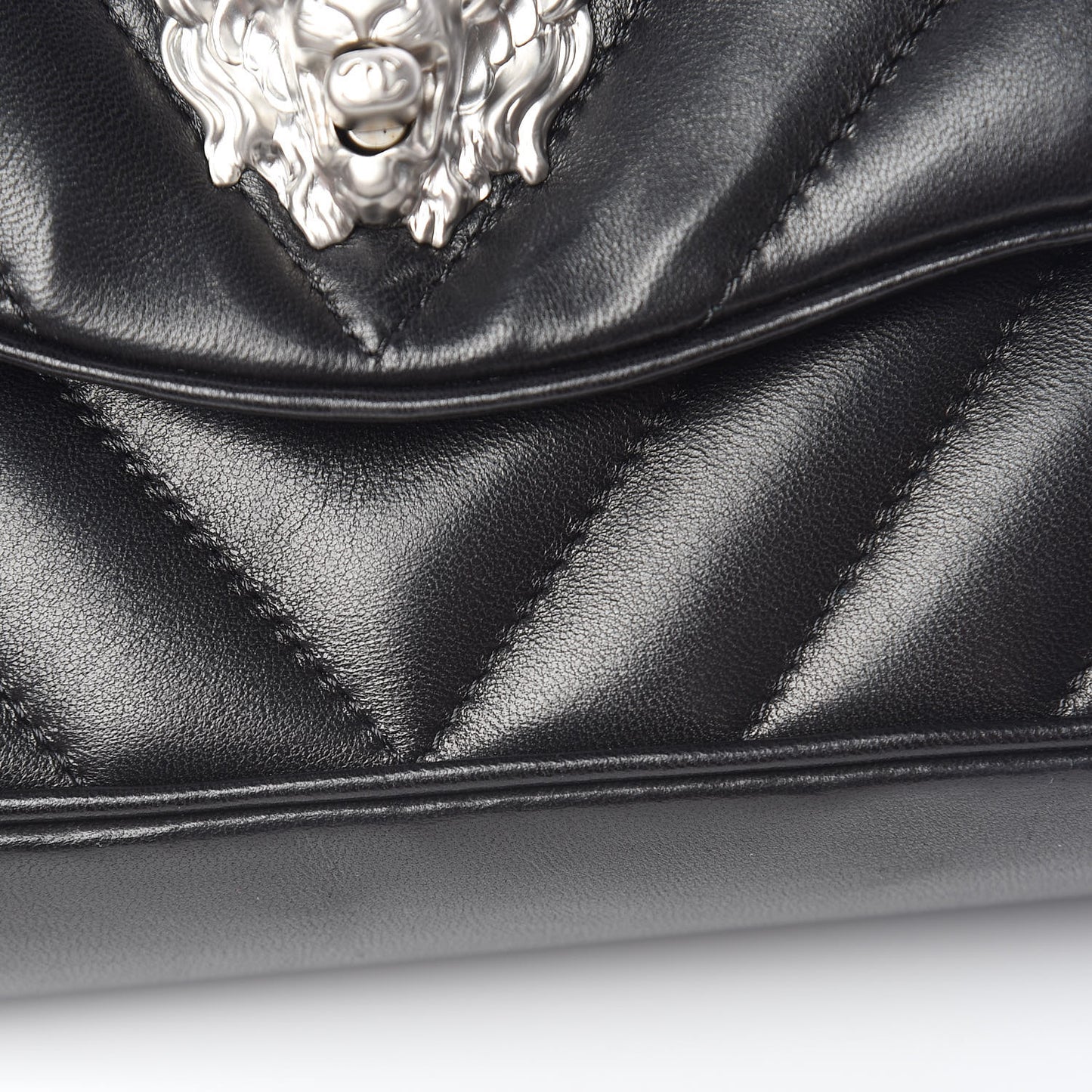 Lambskin Chevron Jumbo Leo Lion Flap Black