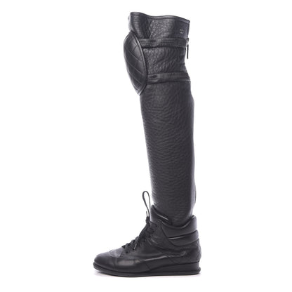 Chanel Calfskin Tumbled Lambskin Lace Up Knee High Sneaker Boots 37 Black 1 of 8