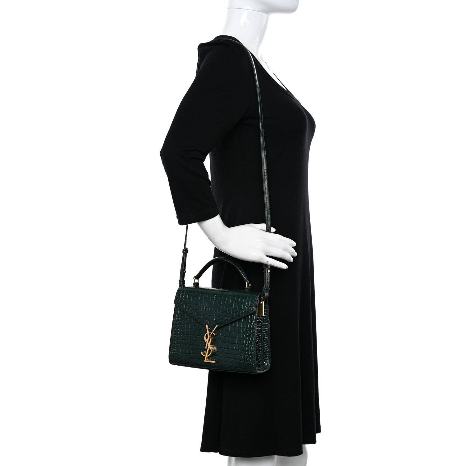 Saint Laurent Calfskin Crocodile Embossed Mini Classic Monogram Cassandra Top Handle Green 2 of 9