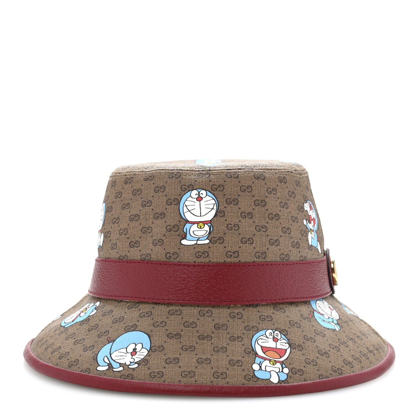 X DORAEMON Mini Vintage GG Supreme Monogram Textured Dollar Calfskin Bucket Hat S Beige Cherry Red