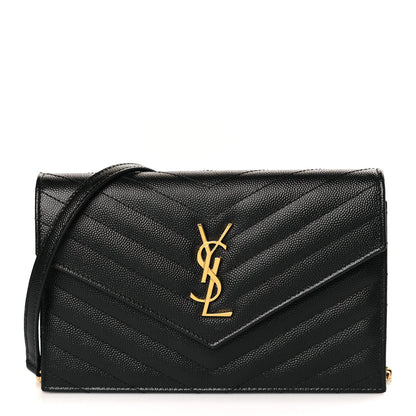 Saint Laurent Grain De Poudre Matelasse Chevron Monogram Envelope Chain Wallet Black 1 of 9