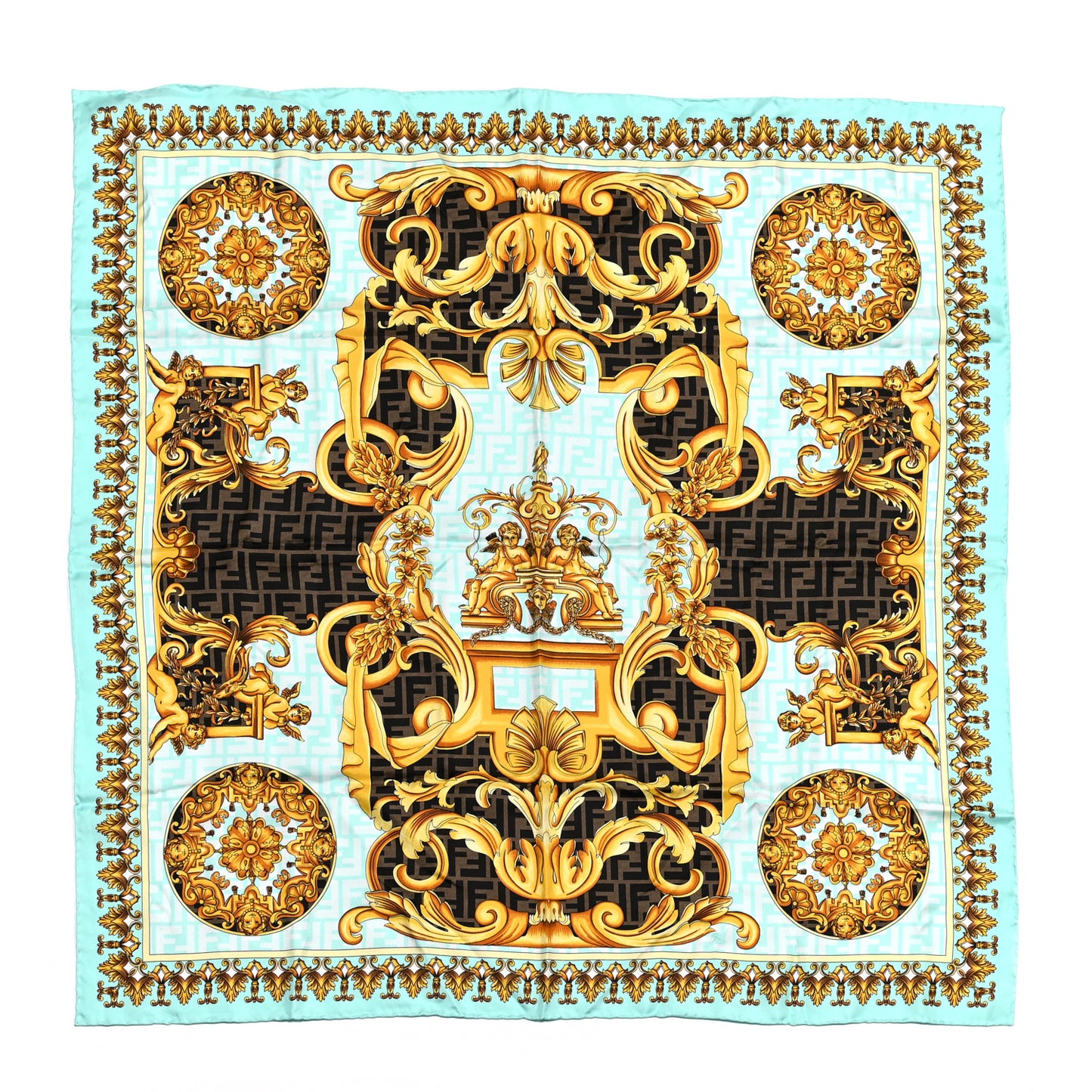 X VERSACE Silk FF Baroque Foulard Scarf Gold