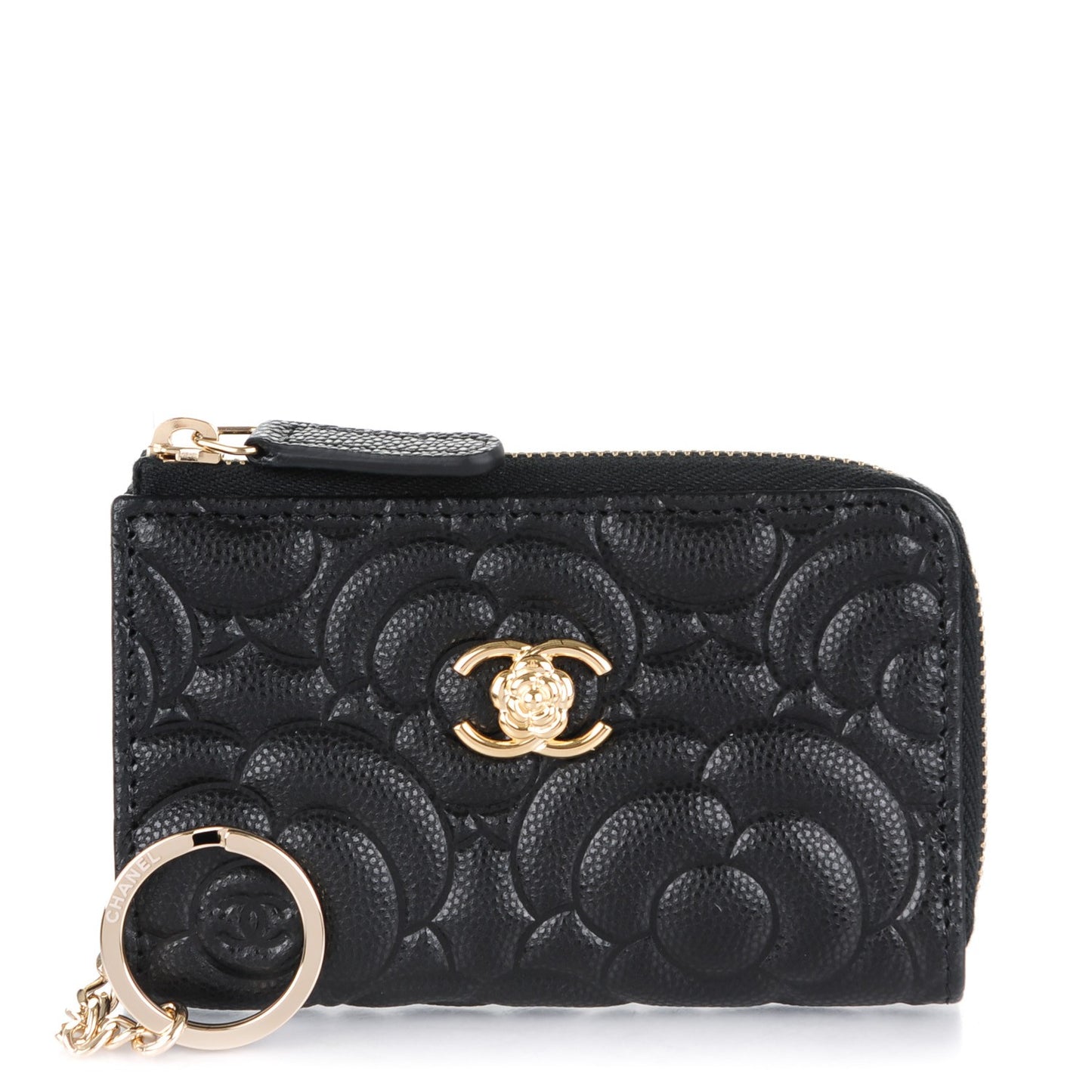 Caviar Camellia Embossed Key Holder Case Black