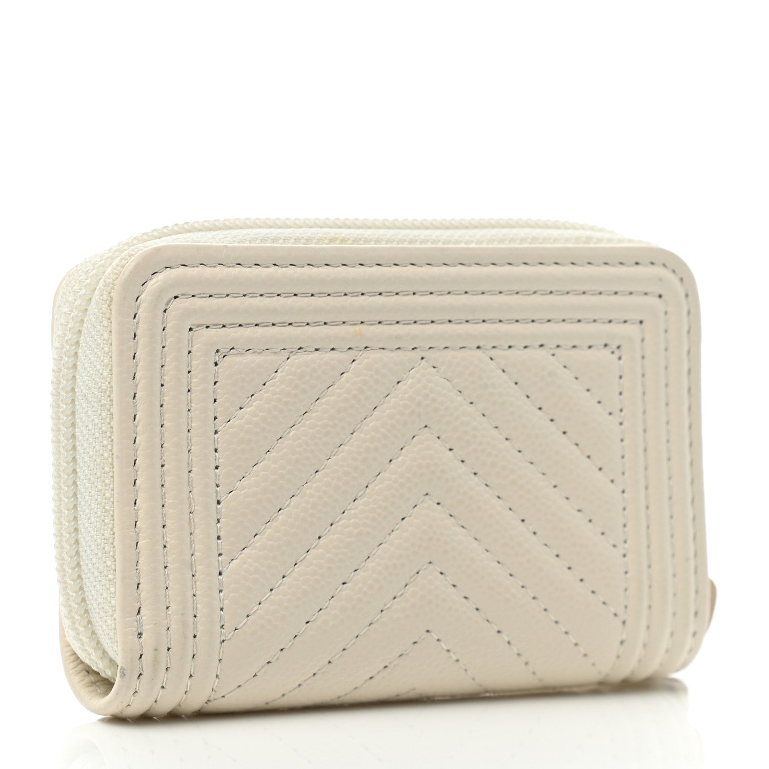 Chanel Caviar Chevron Quilted Boy Zip Around Coin Purse Wallet White 3 of 8