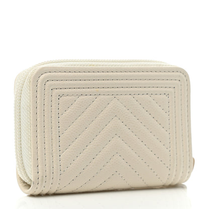 Chanel Caviar Chevron Quilted Boy Zip Around Coin Purse Wallet White 3 of 8